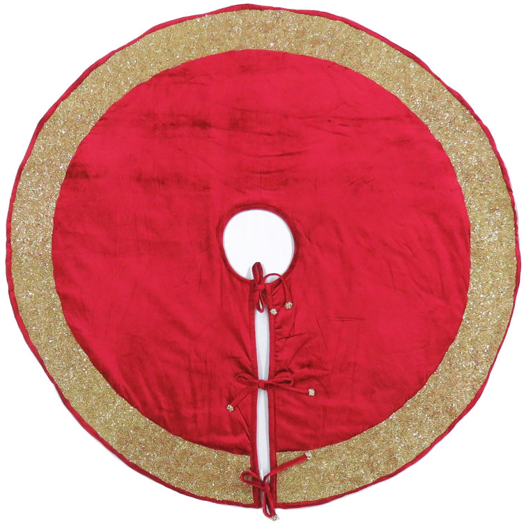 Luxurious Red Velvet Christmas Tree Skirt with Gold Beaded Border