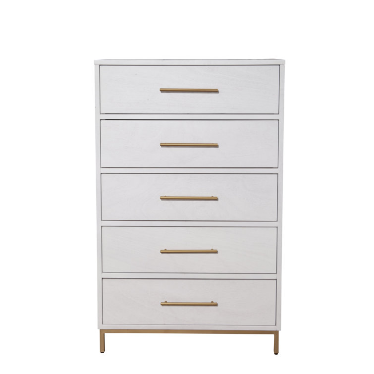 White Vertical 5-Drawer Dresser with Gold Accents