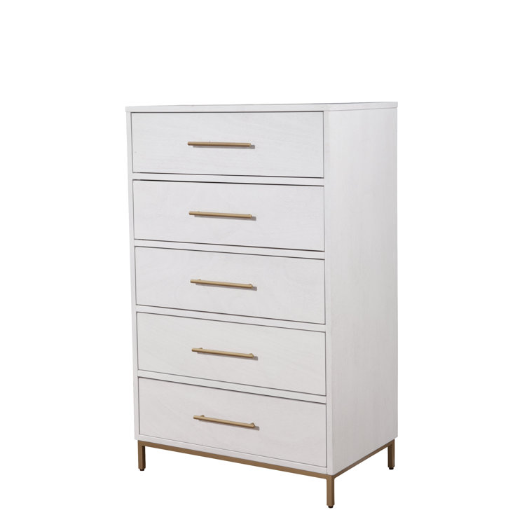 White Vertical 5-Drawer Dresser with Gold Accents