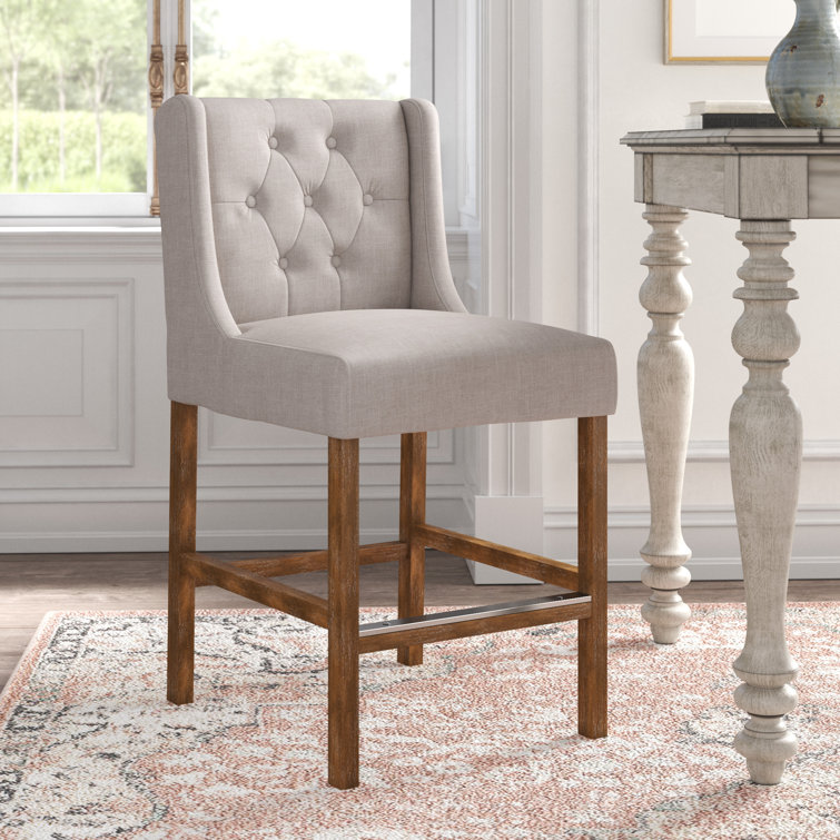 Karla 24" Brown Wood and Metal Adjustable Counter Stool with Tufted Back
