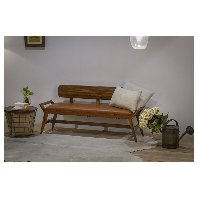 Mid-Century Teak and Genuine Leather 3-Seater Bench