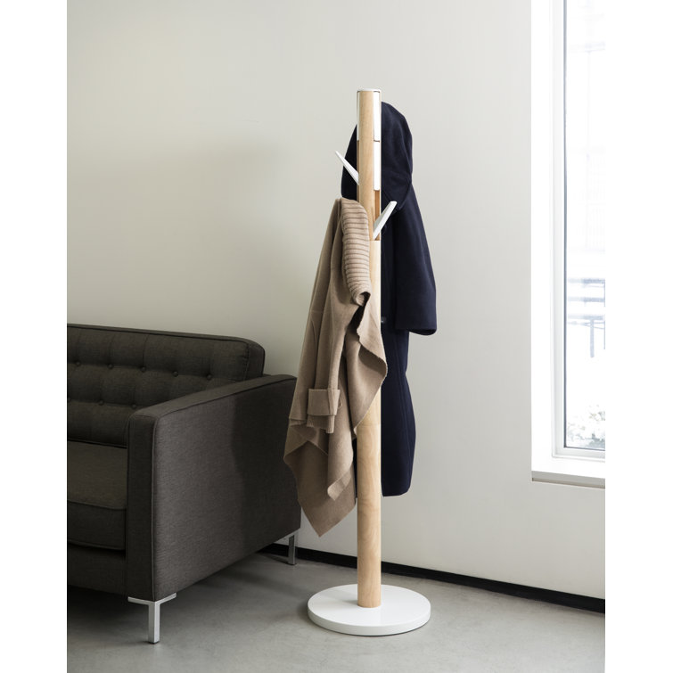 Sleek Modern White/Natural Rubberwood 9-Hook Coat Stand