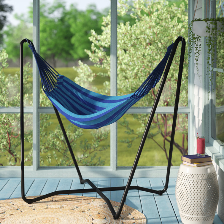 Blue Cotton Hanging Hammock Chair with Black Steel Stand