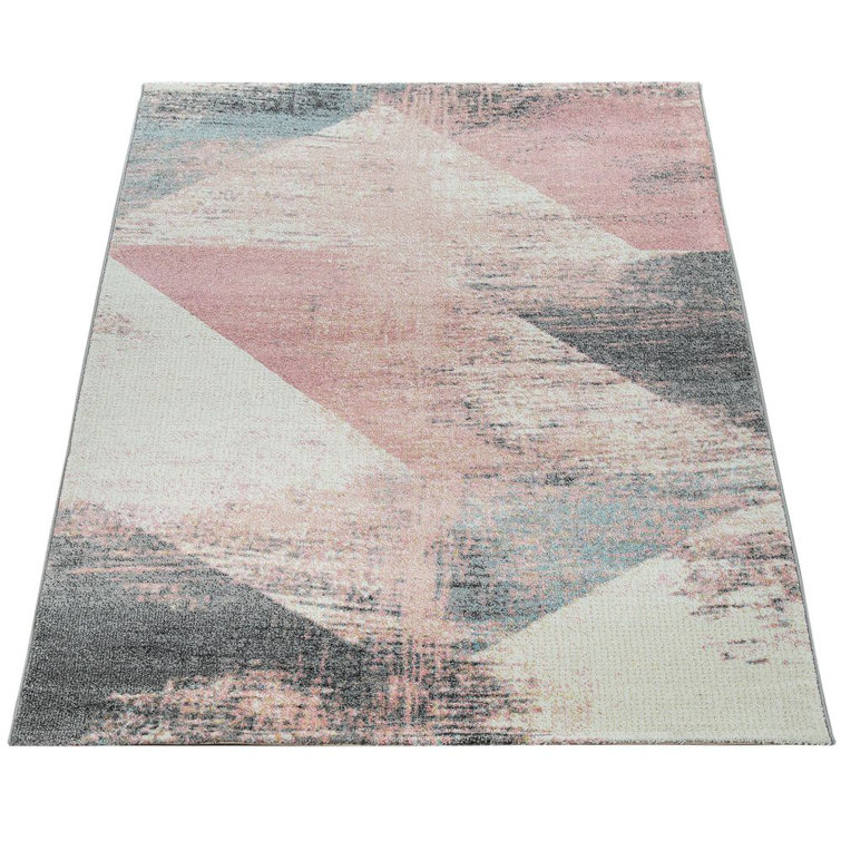 Grey and Pink Abstract Synthetic Rectangular Area Rug