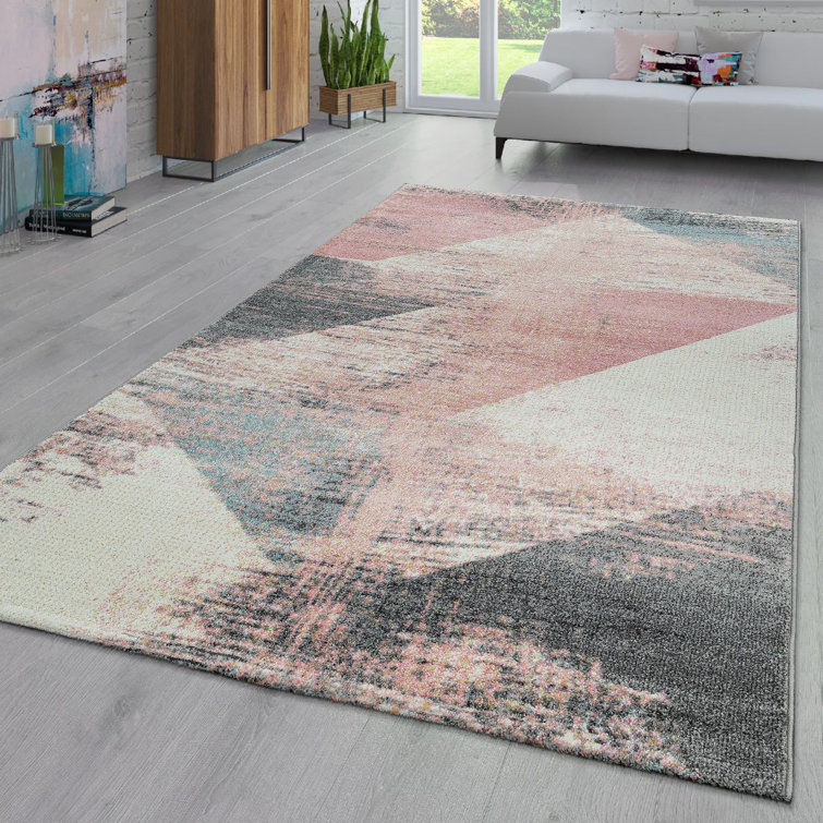 Gray and Pink Abstract Synthetic Rectangular Area Rug