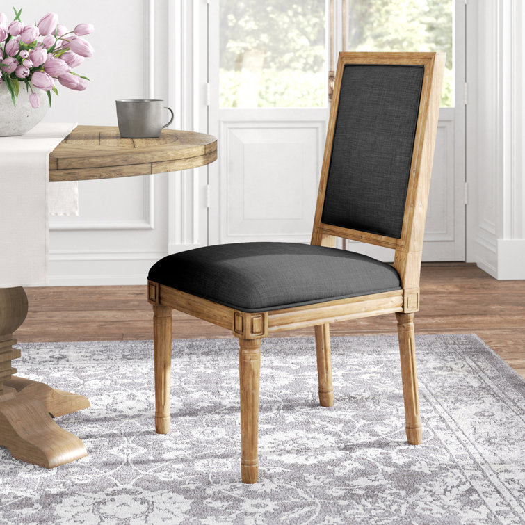 Dark Gray Linen Upholstered Dining Chair with Natural Wood Frame