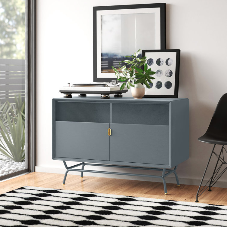 Marine Blue Perforated Steel TV Stand with Brass Details