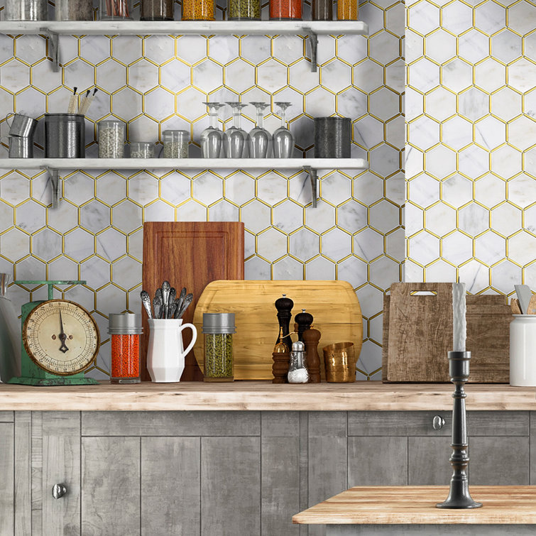 White and Gold Marble Honeycomb Mosaic Wall Tile