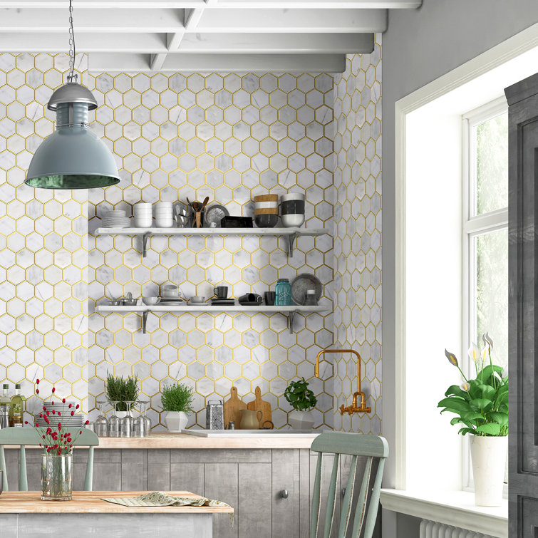 White and Gold Marble Honeycomb Mosaic Wall Tile