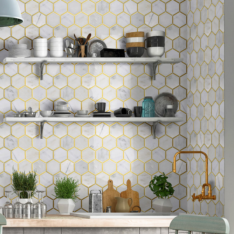 White and Gold Marble Honeycomb Mosaic Wall Tile