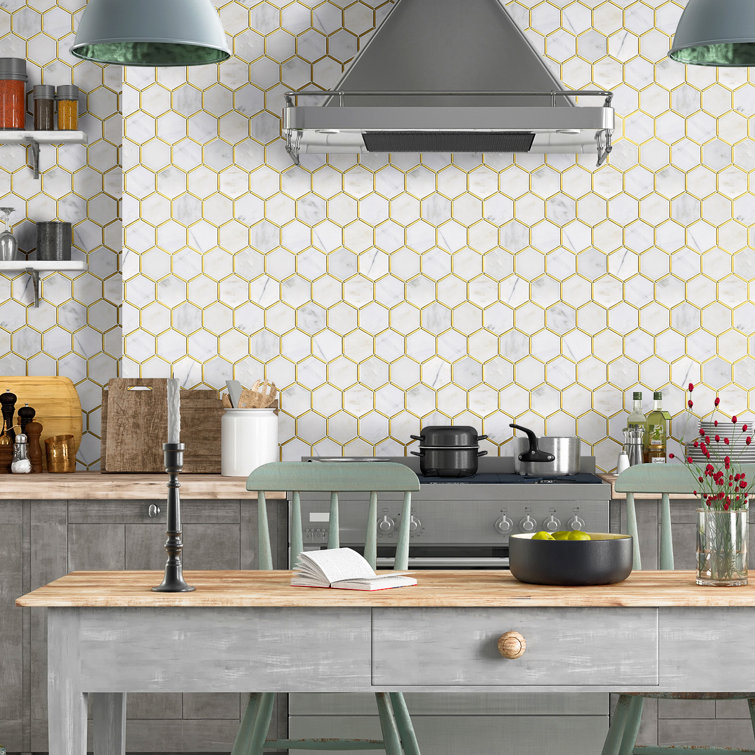 White and Gold Marble Honeycomb Mosaic Wall Tile