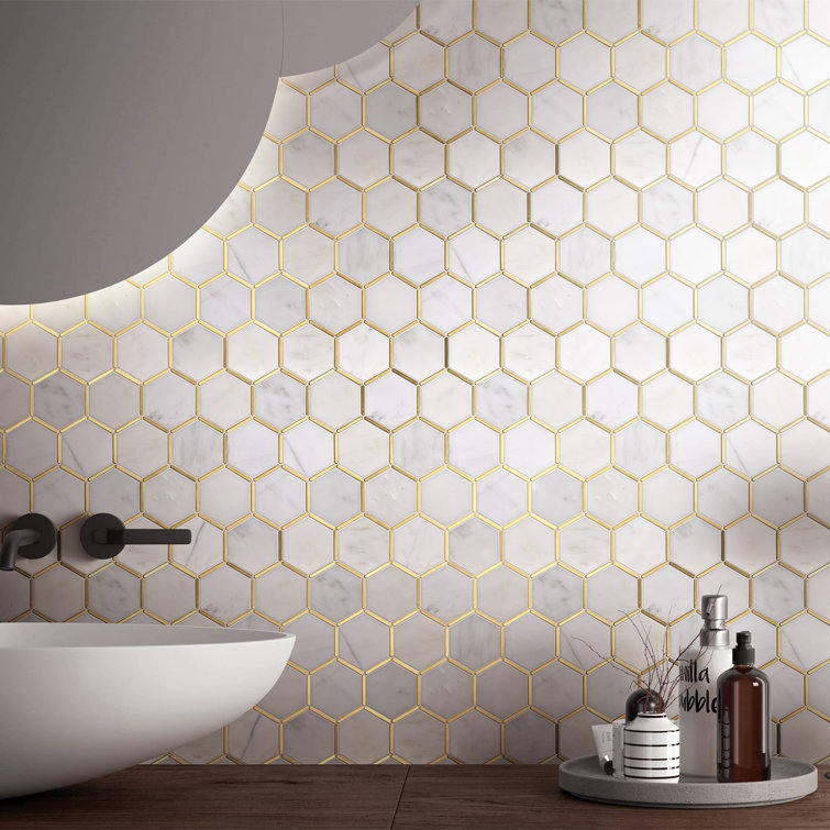 White and Gold Marble Honeycomb Mosaic Wall Tile