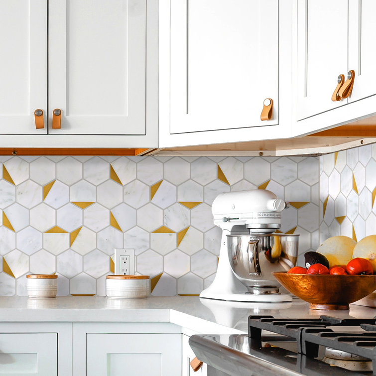 White and Gold Hexagon Marble Mosaic Wall Tile