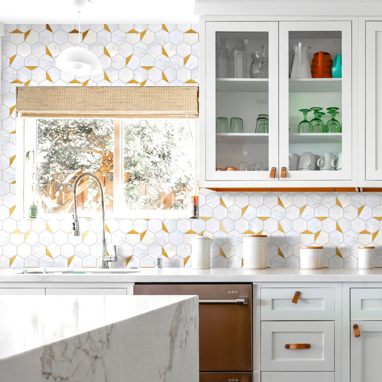 White and Gold Hexagon Marble Mosaic Wall Tile