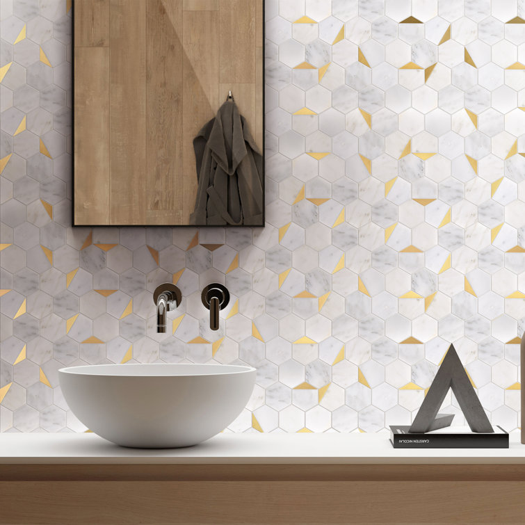 White and Gold Hexagon Marble Mosaic Wall Tile