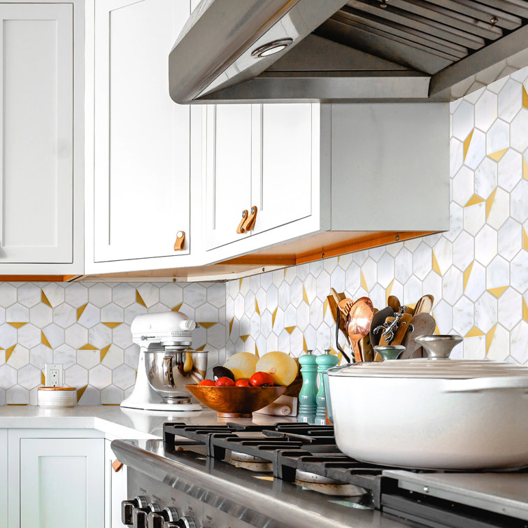 White and Gold Hexagon Marble Mosaic Wall Tile