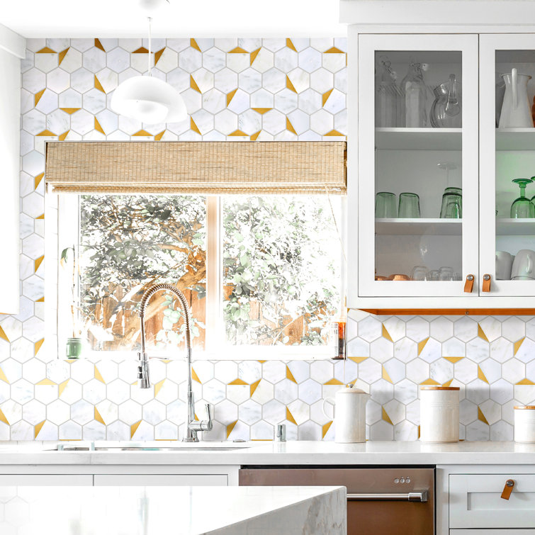 White and Gold Hexagon Marble Mosaic Wall Tile
