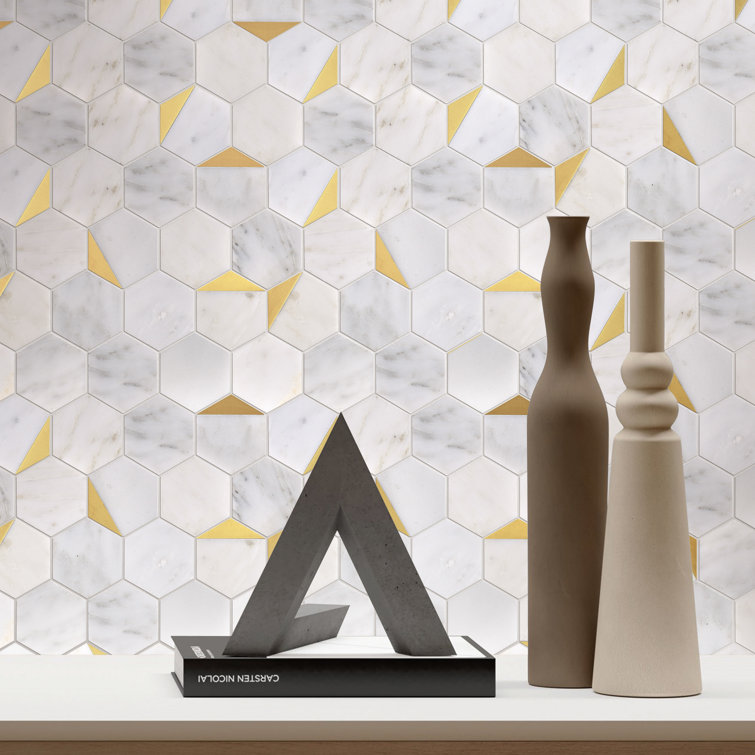 White and Gold Hexagon Marble Mosaic Wall Tile