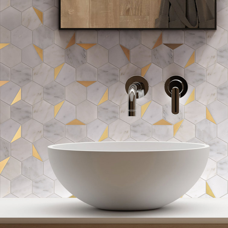 White and Gold Hexagon Marble Mosaic Wall Tile