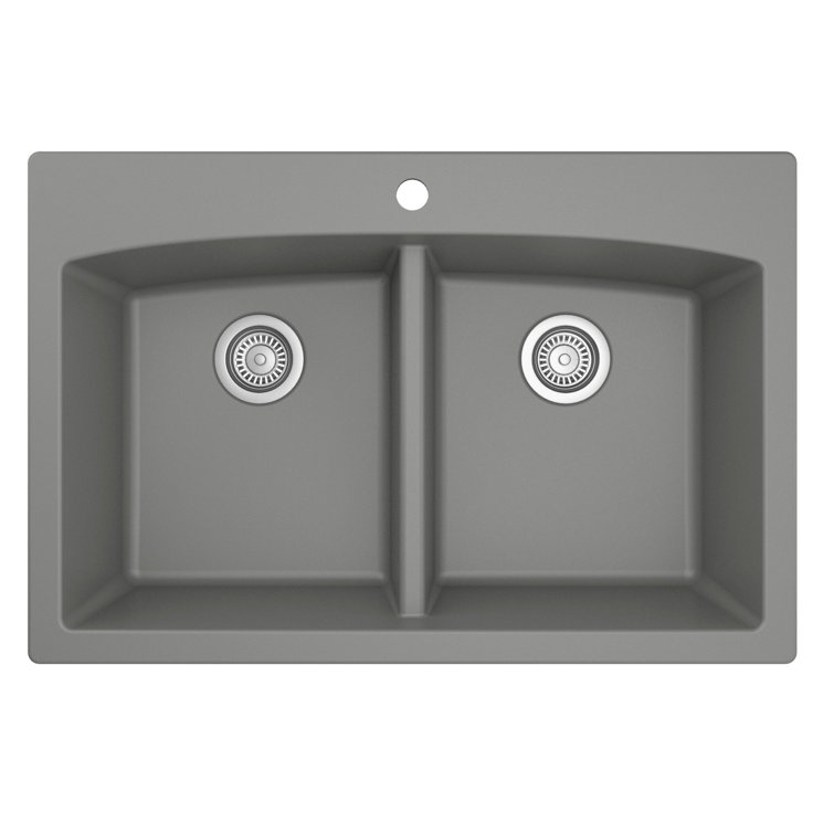 Gray Quartz 33'' Double Bowl Farmhouse Kitchen Sink Kit