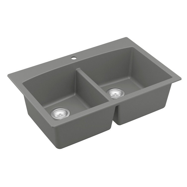 Gray Quartz 33'' Double Bowl Farmhouse Kitchen Sink Kit