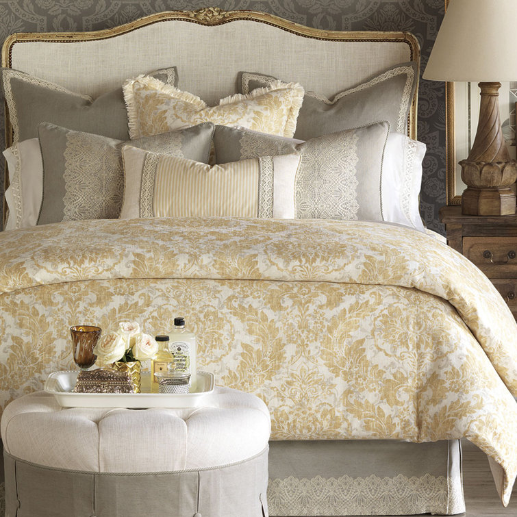 California King Beige Linen Damask Duvet Cover Set