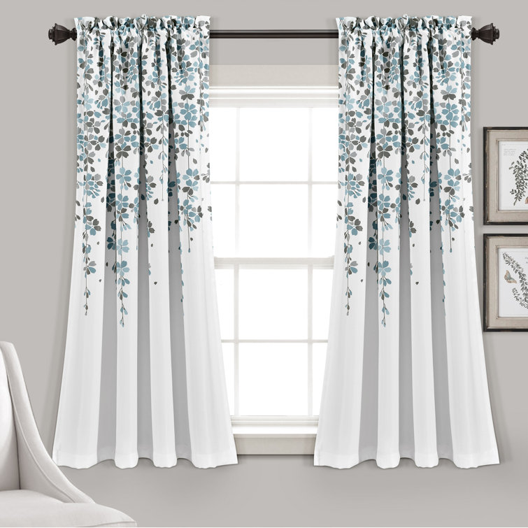 Blue Gray Floral Room Darkening Polyester Curtain Panels, Set of 2