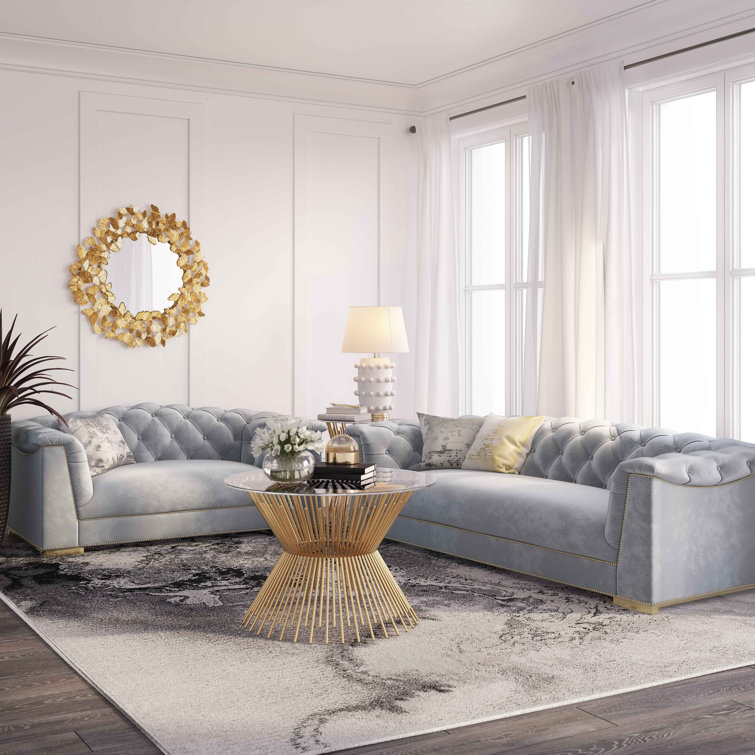 Farah 92'' Gray Velvet Tufted Sofa with Nailhead Trim