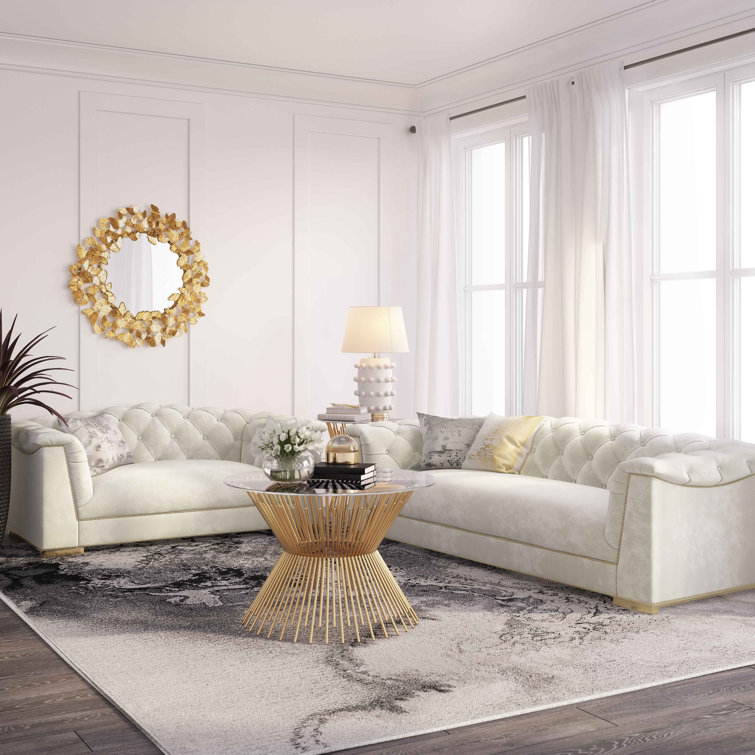 Farah Cream Velvet 92.1'' Tufted Sofa with Gold Nailhead Trim
