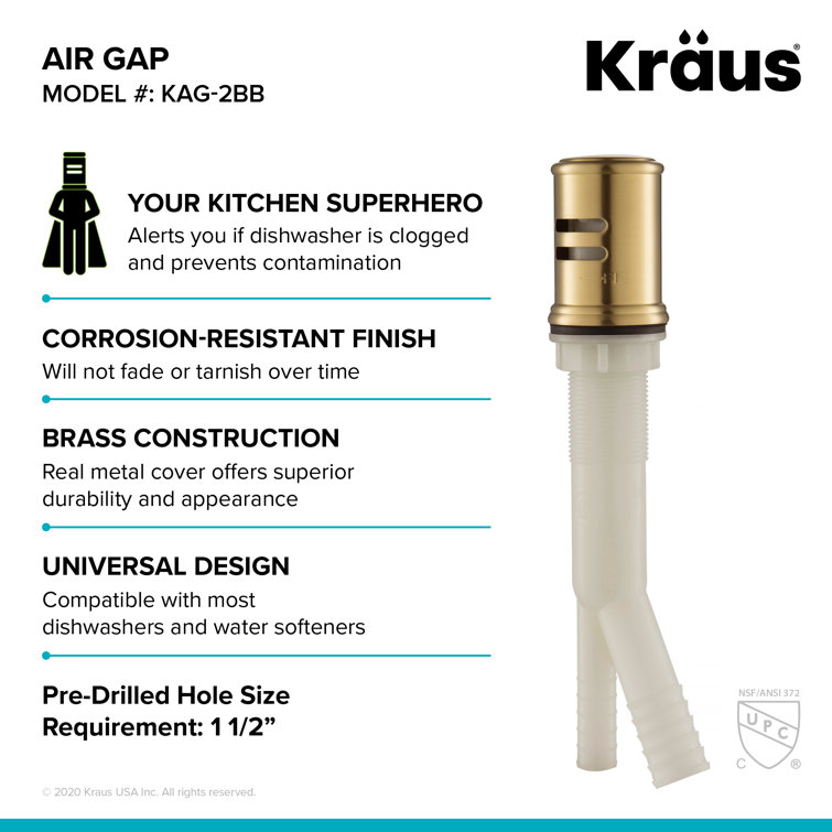 Brushed Brass Dishwasher Air Gap Kit with Solid Brass Cap