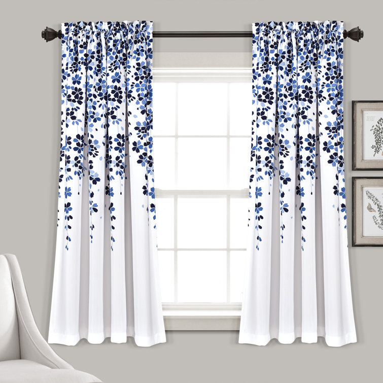 White and Navy Floral Room Darkening Curtain Panels, 52" x 63"