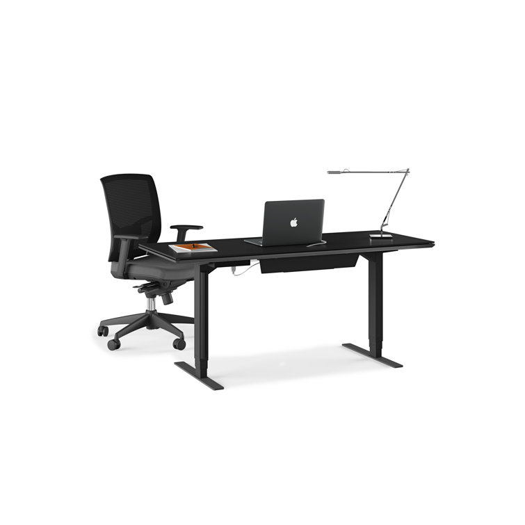 Charcoal Stained Ash Adjustable Glass Top Standing Desk with Power Outlet