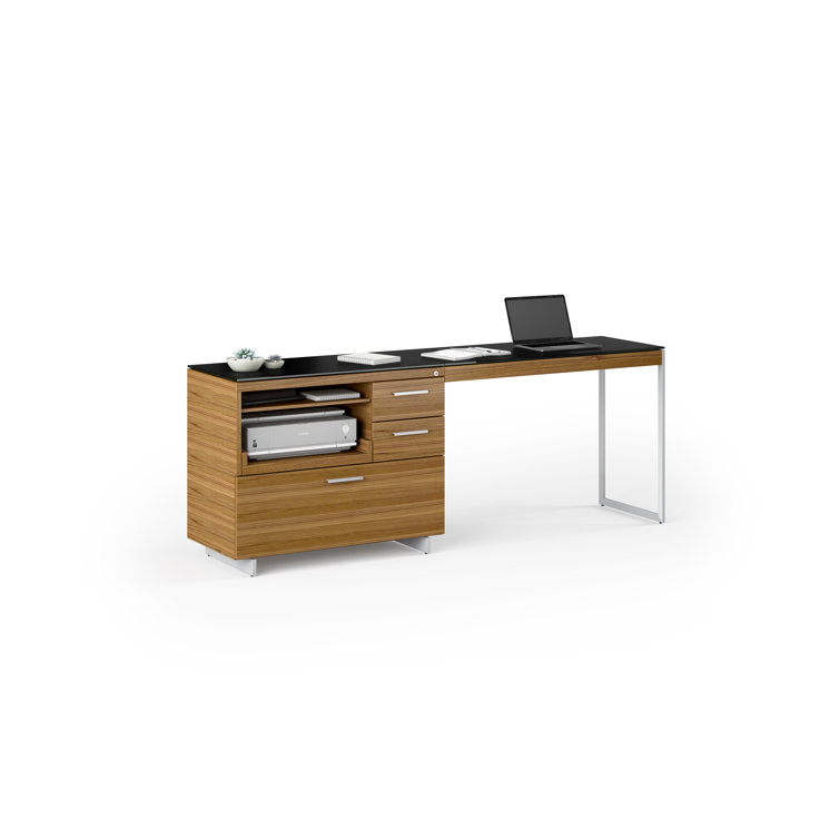 Natural Walnut and Satin Nickel Mobile Filing Cabinet with Black Glass Top