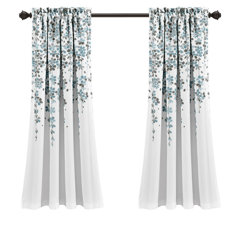 Blue Gray Floral Room Darkening Polyester Curtain Panels, Set of 2