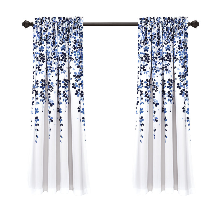 White and Navy Floral Room Darkening Curtain Panels, 52" x 63"