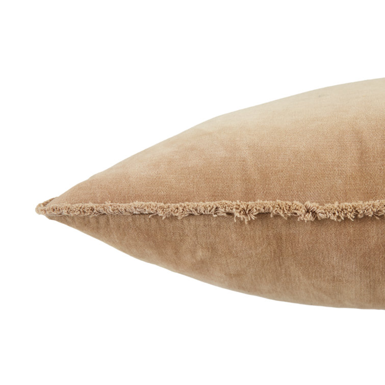 Tan Cotton Square Embroidered Throw Pillow with Fringed Edges