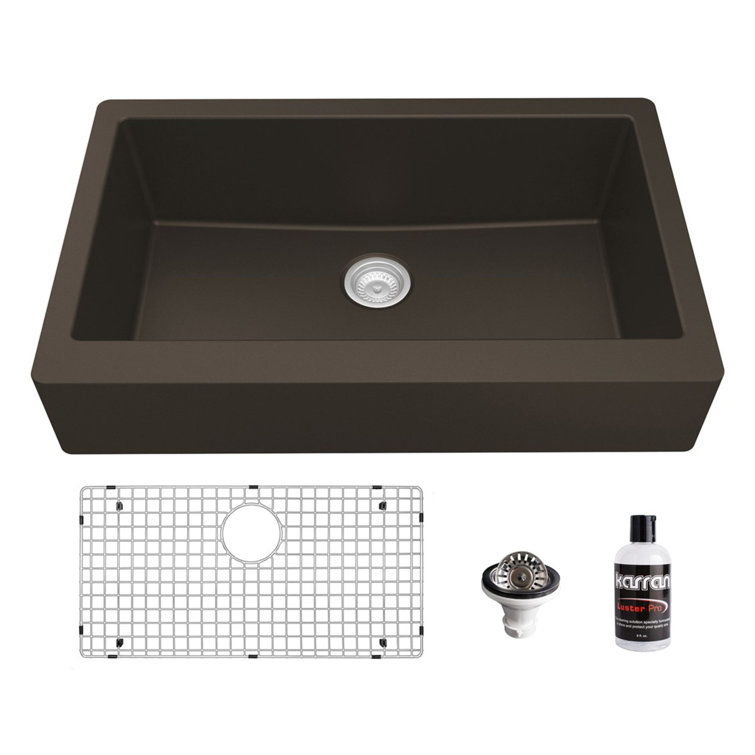 Karran Brown Quartz 34'' Single Bowl Farmhouse Kitchen Sink Kit