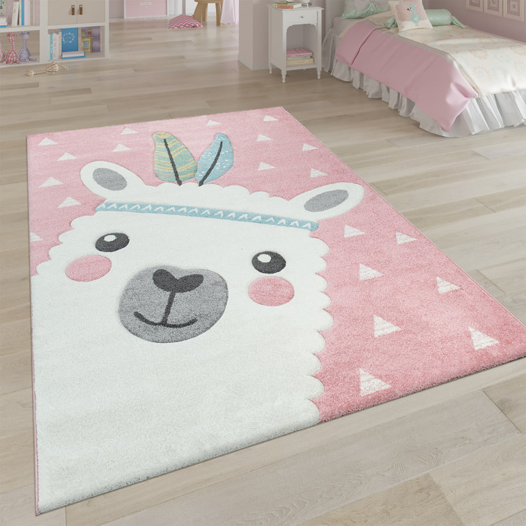 Pink and White Polypropylene Kids' Rectangular Play Rug
