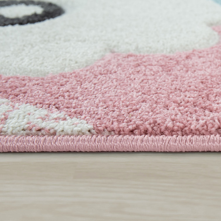 Pink and White Polypropylene Kids' Rectangular Play Rug