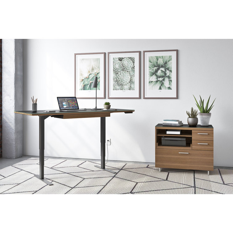 Natural Walnut and Satin Nickel Mobile Filing Cabinet with Black Glass Top
