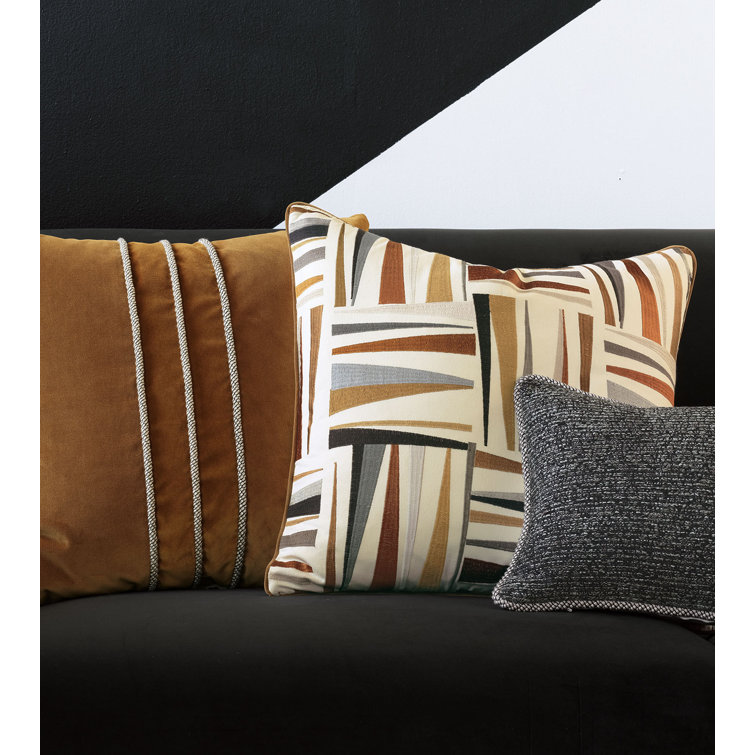 Gray Embroidered Rectangular Lumbar Pillow with Piped Edges