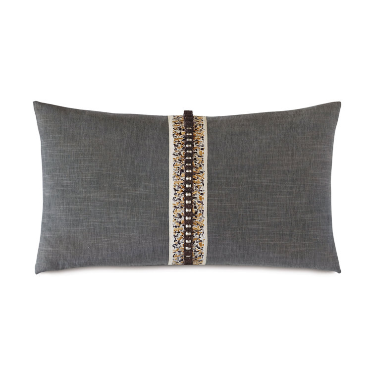 Taupe Rectangular Cotton Blend Lumbar Pillow with Embroidered Trim