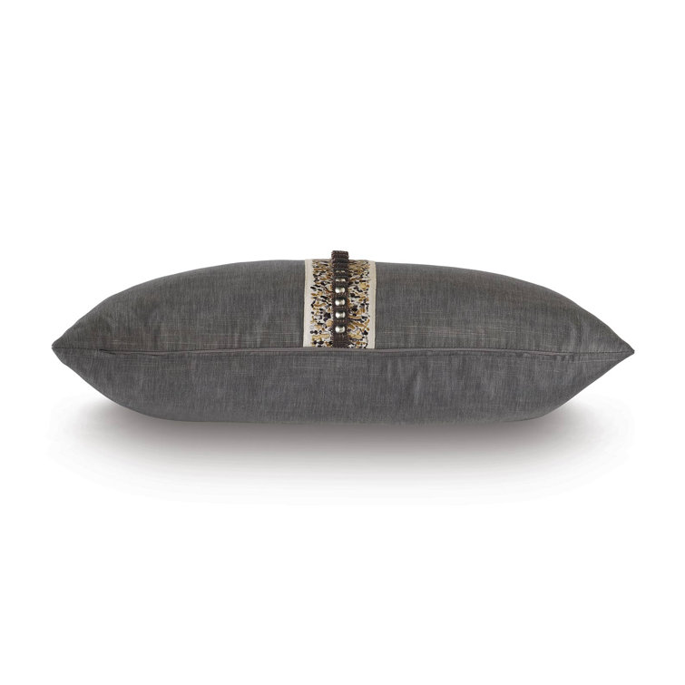 Taupe Rectangular Cotton Blend Lumbar Pillow with Embroidered Trim
