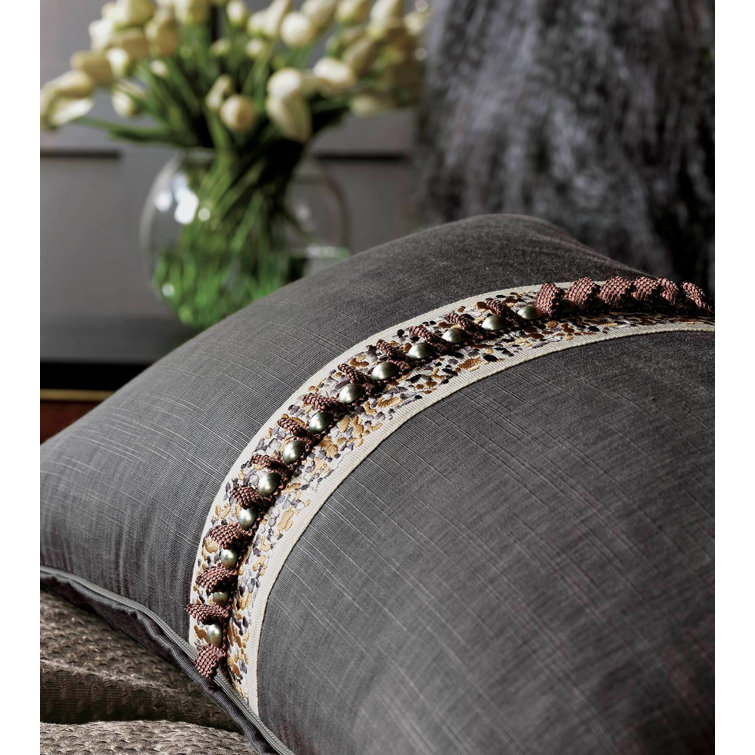 Taupe Rectangular Cotton Blend Lumbar Pillow with Embroidered Trim