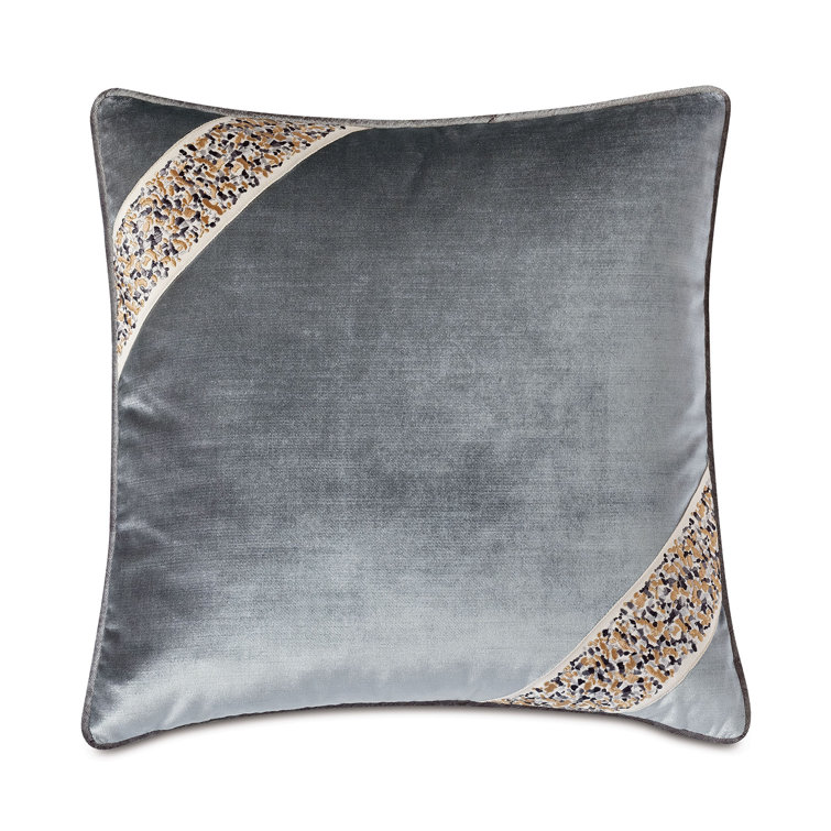 Silver Velvet Square Throw Pillow with Embroidered Border