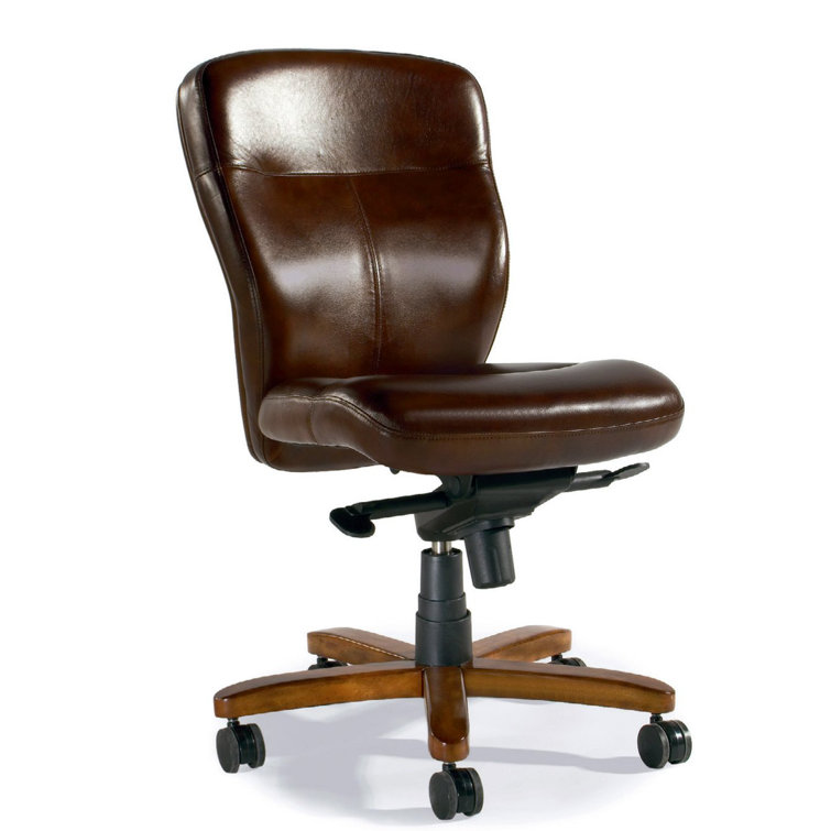 Brown Leather Swivel Executive Chair with Wood Base