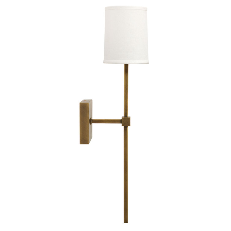 Minerva Antique Brass Wall Sconce with White Linen Shade