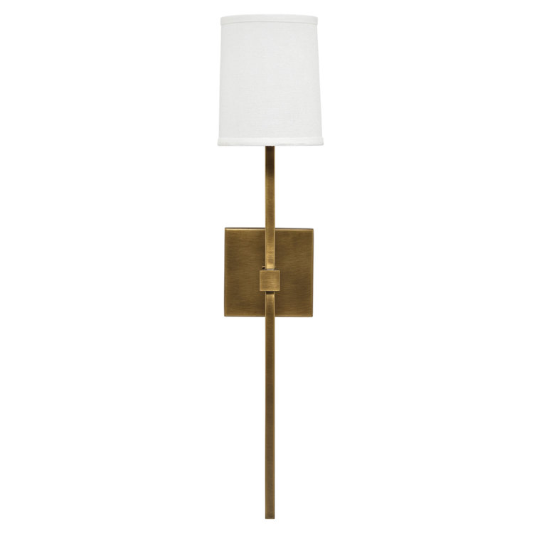 Minerva Antique Brass Wall Sconce with White Linen Shade