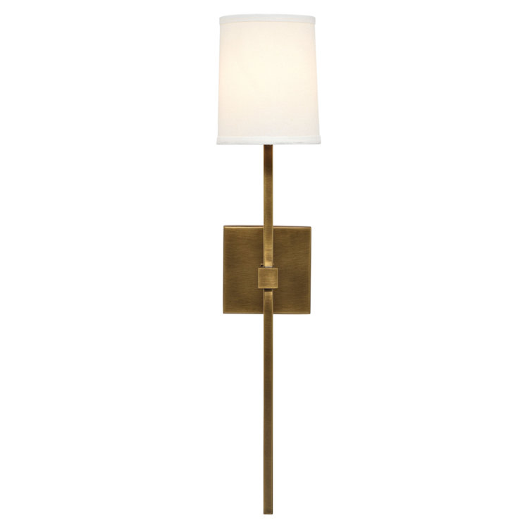 Minerva Antique Brass Wall Sconce with White Linen Shade