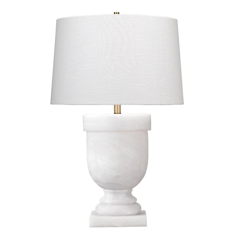 White Faux Alabaster Table Lamp with Linen Shade